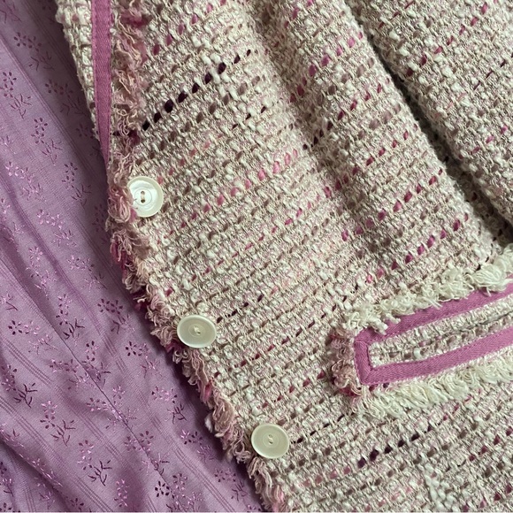 BOUCLE JACKET Lavender Pink & Beige 3/4 Length Sleeve Button Front Size SMALL - Picture 7 of 7